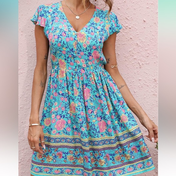 Bohemian Floral Paisley Mini Dress, Size Small - Picture 2 of 5